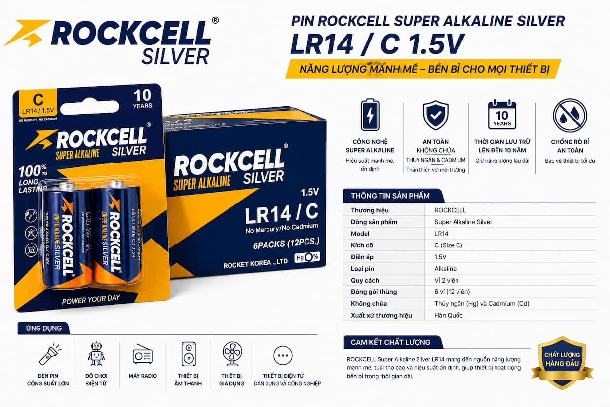PIN ROCKCELL SILVER ALKALINE LR14-2B ( PIN TRUNG C